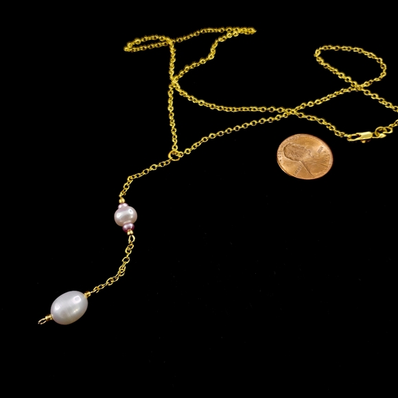 Y necklace real pearls drop pendant genuine pearls 18k GP chain white cream - Picture 11 of 13